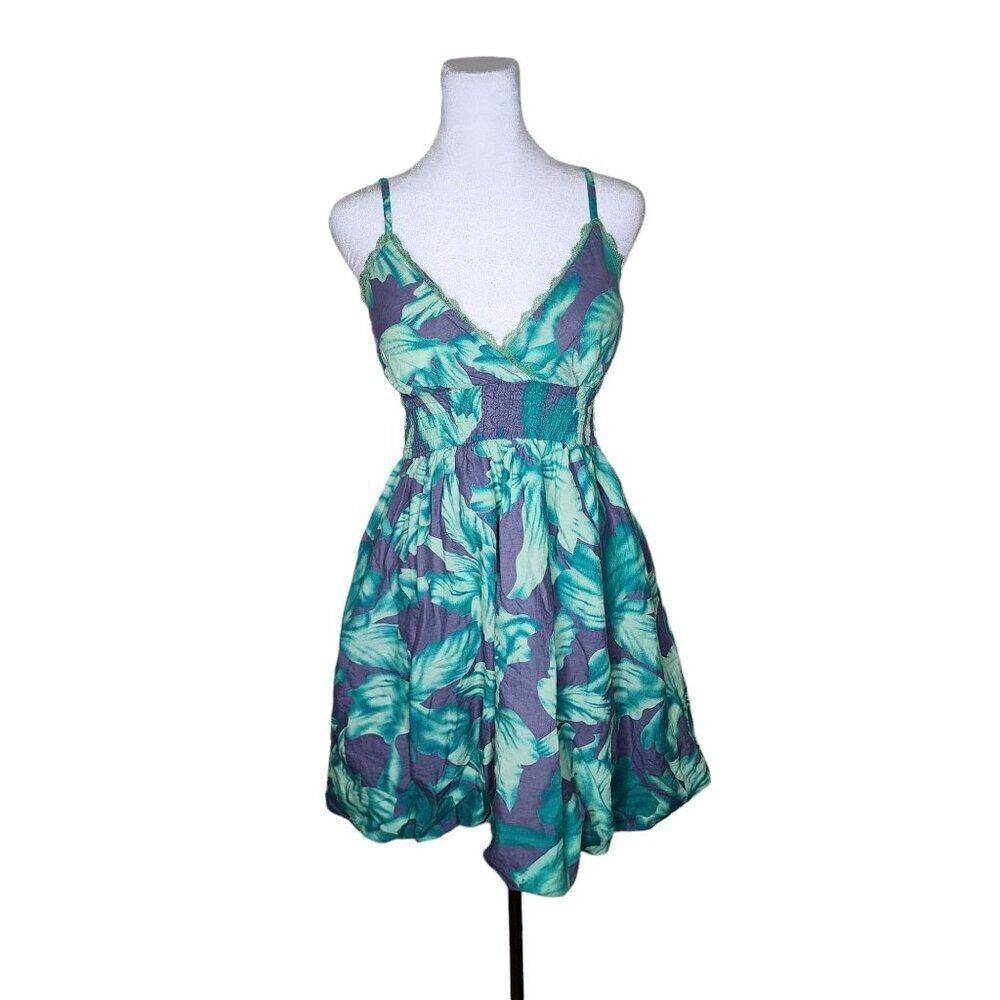 Vintage 90s Palm Floral Print Mini Dress Womens Size L Green